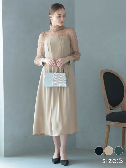 10/7再入荷![Sサイズのみ]シアーハイネックドッキングバックレースアップ長袖Aラインパーティキャバドレス