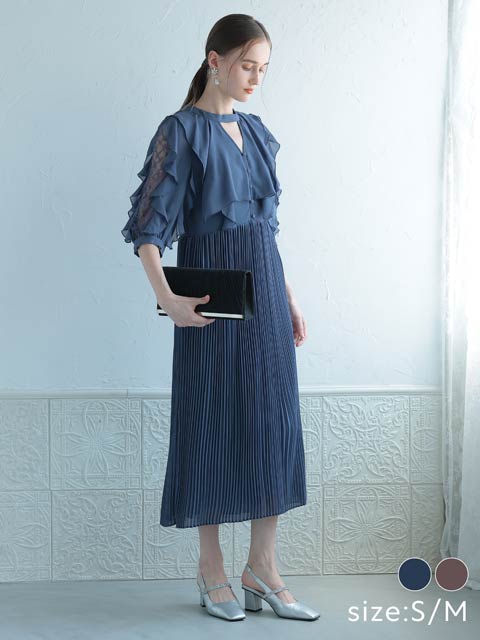 10/7再入荷![SMサイズ]ラッフルキーホールプリーツ七分袖Aラインパーティキャバドレス[2サイズ展開]