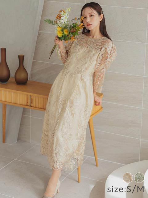 9/17再入荷![SMサイズ]ボタニカル刺繍バックレースアップランタンスリーブAラインパーティーキャバドレス