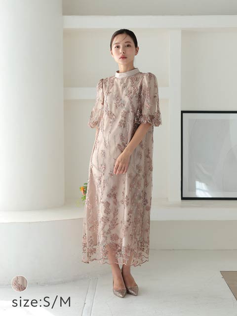 9/17再入荷![SMサイズ]ダスティフラワー刺繍パフスリーブAラインパーティーキャバドレス[1/27再入荷]