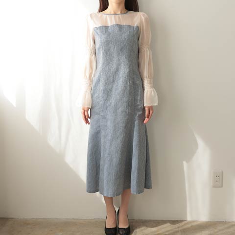 [Mサイズ]ダマスクジャガードドッキングシアー長袖マーメイドパーティードレス(ブルーグレー-Mサイズ)