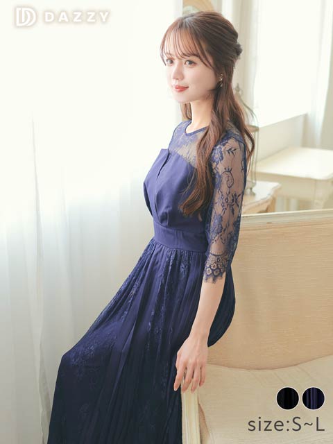 [SMLサイズ]フラワーレースシフォンプリーツAラインロングドレス[3サイズ展開]