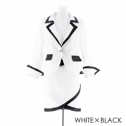 [2ピース][SMLサイズ]ベルト付きバイカラーラップ風ミニタイトスーツ[3サイズ展開](ホワイト×ブラック-S)