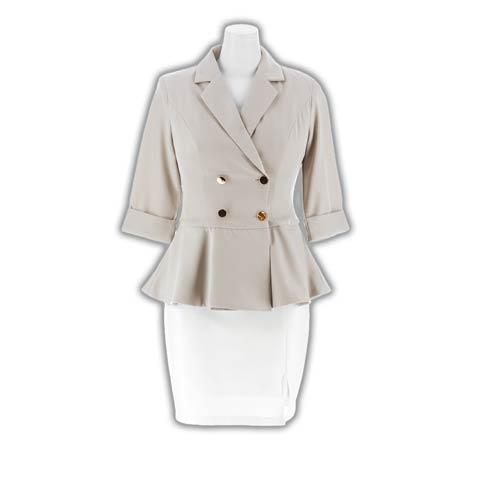 9/5新作!【2点SET】ダブルボタンペプラム七分袖ジャケット＆タイトワンピースセットアップ[S~LL/4サイズ展開][カジュアル/dazzy closet](グレー-Sサイズ)