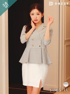 9/5新作!【2点SET】ダブルボタンペプラム七分袖ジャケット＆タイトワンピースセットアップ[S~LL/4サイズ展開][カジュアル/dazzy closet]