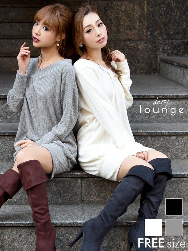 ワンカラーニットVネックタイトミニドレス