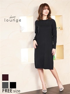 デコルテシアーデザインスリット入り長袖ニットタイトひざ丈ドレス