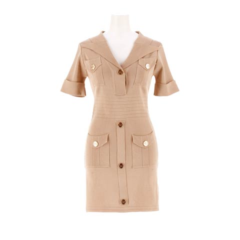 8/27新作!Vネックボタン半袖ニットワンピース[カジュアル/dazzy closet](ベージュ-フリーサイズ)