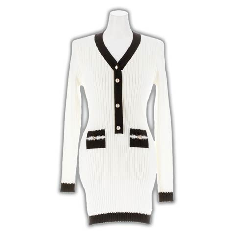 11/5新作!バイカラーVネックポケットモチーフ長袖ニットワンピース[カジュアル/dazzy closet](ホワイト-フリーサイズ)