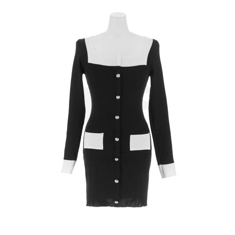 11/19新作!美デコルテに魅せるスクエアネックバイカラー長袖ニットタイトミニ丈ワンピース[カジュアル/dazzy closet](ブラック-フリーサイズ)