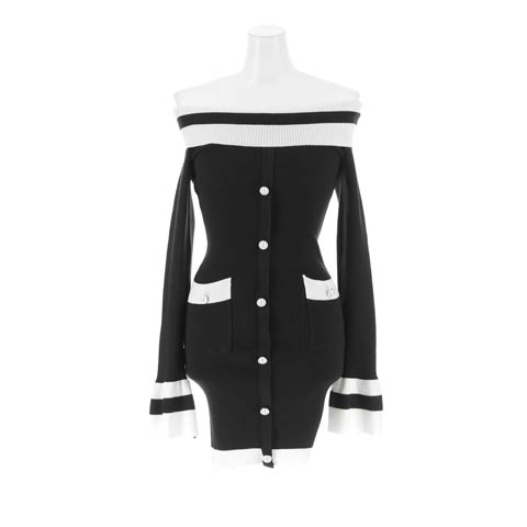 12/8新作!肩見せが色っぽい高級感パールボタンバイカラーリブニットミニ丈ワンピース[カジュアル/dazzy closet](ブラック-フリーサイズ)