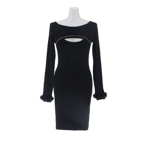 1/23新作!SEXY谷間カット×煌めくビジューフェザースリーブリブニットワンピース[カジュアル/dazzy closet](ブラック-フリーサイズ)