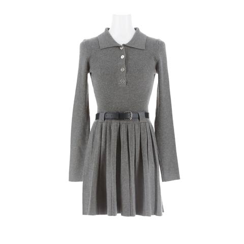 2/24新作!ポロ襟ベルト付き長袖プリーツニットワンピース[カジュアル/dazzy closet](グレー-フリーサイズ)