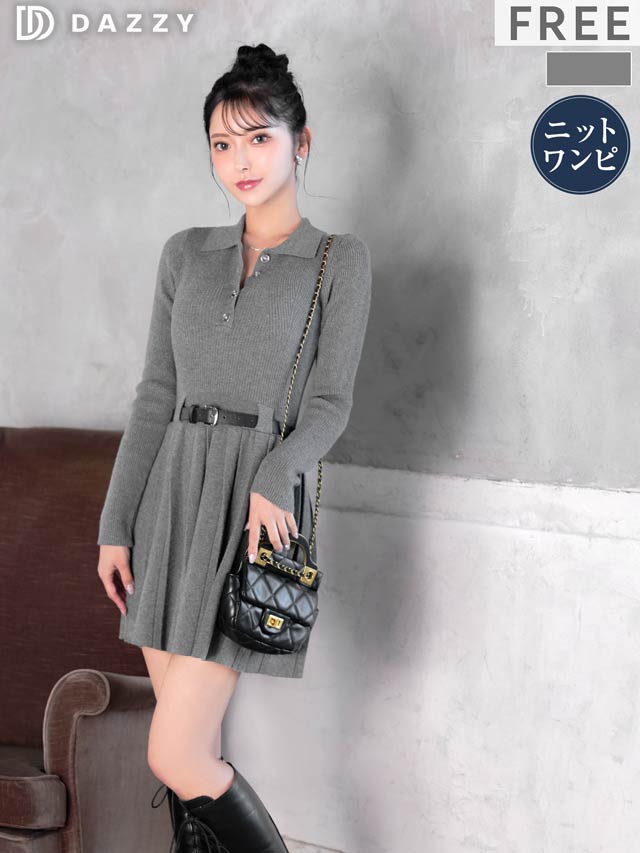 2/24新作!ポロ襟ベルト付き長袖プリーツニットワンピース[カジュアル/dazzy closet]