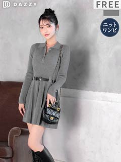 2/24新作!ポロ襟ベルト付き長袖プリーツニットワンピース[カジュアル/dazzy closet]