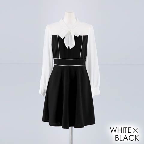 [SMサイズ]モノトーンネックリボンシャツAミニドレス[2サイズ展開](ホワイト×ブラック-Sサイズ)