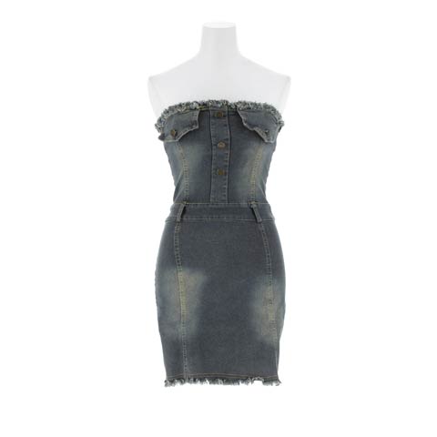 ベアトップフリンジデニムワンピース[カジュアル/dazzy closet][伊藤桃々着用](ブルー-Sサイズ)