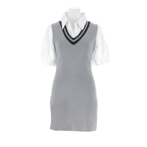 11/18再販!パフスリーブシャツドッキングニットワンピース[カジュアル/dazzy closet](グレー-フリーサイズ)