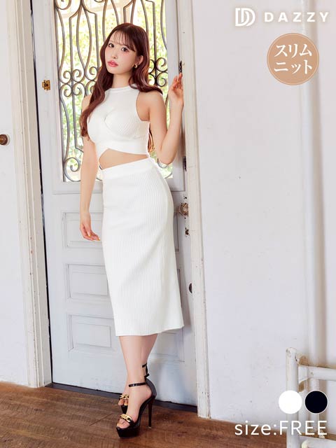 9/5新作!カシュクールアメスリニットタイト膝丈セットアップ[カジュアル/dazzy closet][伊藤桃々着用]