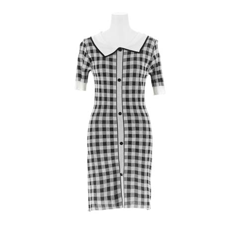 8/22新作!襟付きレトロギンガムチェック半袖ニットワンピース[カジュアル/dazzy closet](ブラック-フリーサイズ)