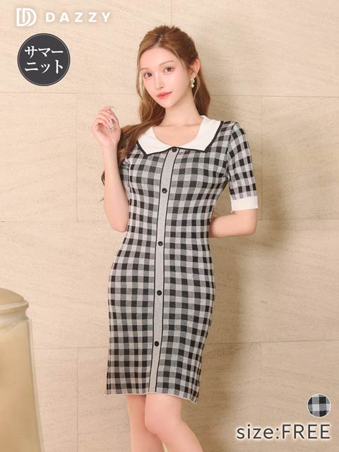 8/22新作!襟付きレトロギンガムチェック半袖ニットワンピース[カジュアル/dazzy closet]