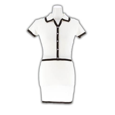 9/17新作!襟付きバイカラーパイピングニット半袖セットアップ[カジュアル/dazzy closet](ホワイト×ブラック-フリーサイズ)