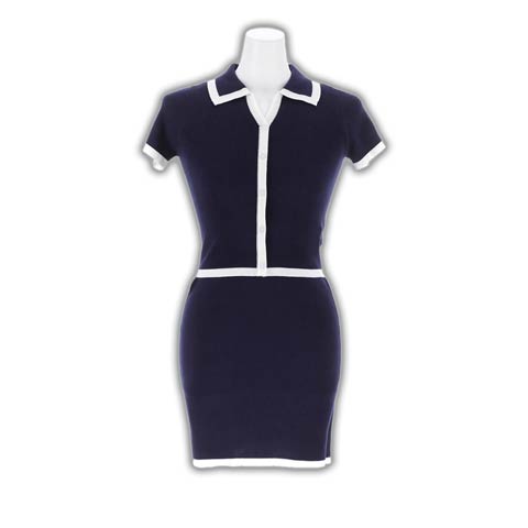 9/17新作!襟付きバイカラーパイピングニット半袖セットアップ[カジュアル/dazzy closet](ネイビー×ホワイト-フリーサイズ)