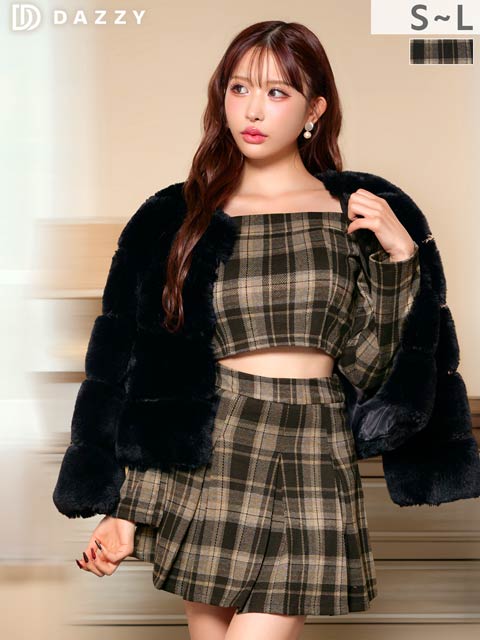 11/19新作![伊藤桃々着用]季節感あるタータンチェックに肩見せオフショルプリーツミニ丈セットアップ