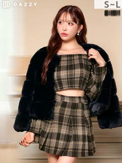 11/19新作![伊藤桃々着用]季節感あるタータンチェックに肩見せオフショルプリーツミニ丈セットアップ