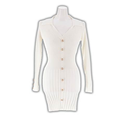 11/26新作!襟付きVネックボタンビジュー長袖リブニットタイトミニ丈ワンピース[カジュアル/dazzy closet](ホワイト-フリーサイズ)