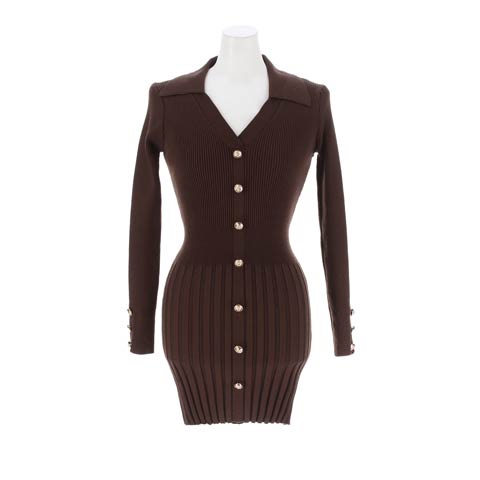 11/26新作!襟付きVネックボタンビジュー長袖リブニットタイトミニ丈ワンピース[カジュアル/dazzy closet](ブラウン-フリーサイズ)
