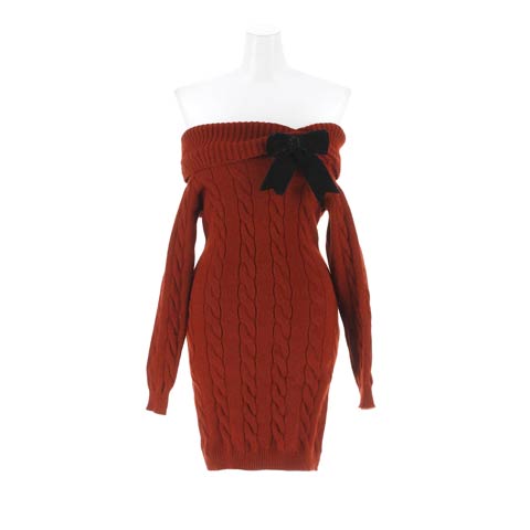 12/3新作!SEXYオフショルにサイドリボンがCUTEなケーブルニットワンピース[カジュアル/dazzy closet](レッド-フリーサイズ)