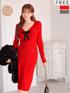 12/12新作![伊藤桃々着用]胸元リボンがPointのVネックフロントボタン長袖ニットワンピース[カジュアル/dazzy closet]