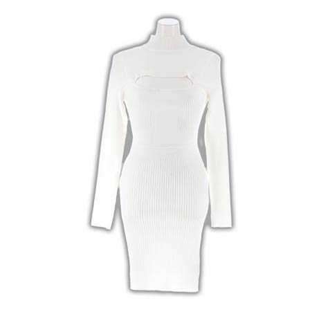 1/19新作!武器魅せ大胆バストカットハイネックリブニットワンピース[カジュアル/dazzy closet](ホワイト-フリーサイズ)