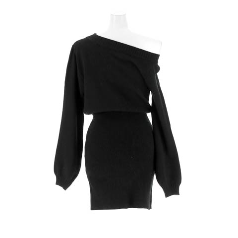 12/17新作!コレ1枚で着回し抜群!![2way]ワンカラーワンショルリブニットミニ丈ワンピース[カジュアル/dazzy closet](ブラック-フリーサイズ)