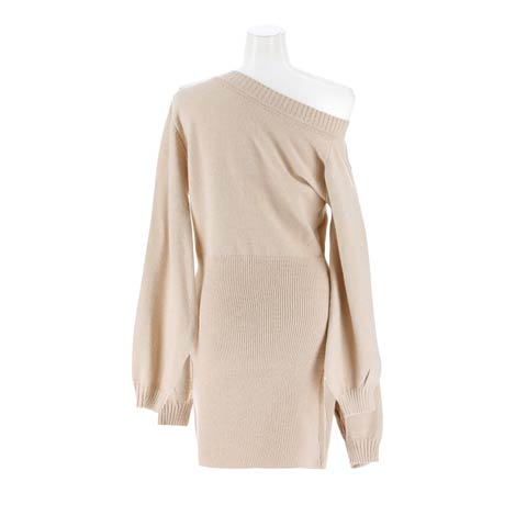 12/17新作!コレ1枚で着回し抜群!![2way]ワンカラーワンショルリブニットミニ丈ワンピース[カジュアル/dazzy closet](ベージュ-フリーサイズ)