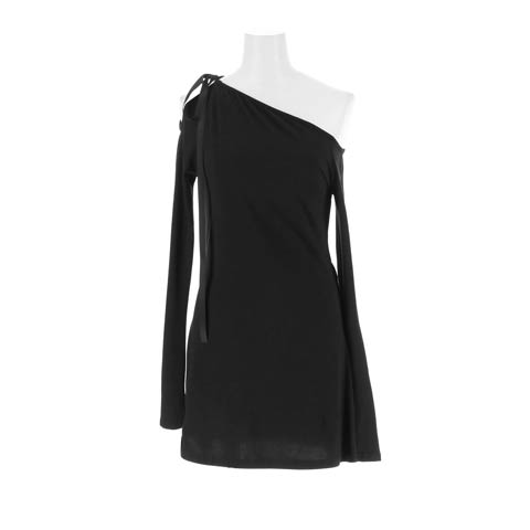 3/13新作!お尻カバー×色っぽワンショル♪ リボン付き長袖Aラインミニワンピース[カジュアル/dazzy closet](ブラック-フリーサイズ)