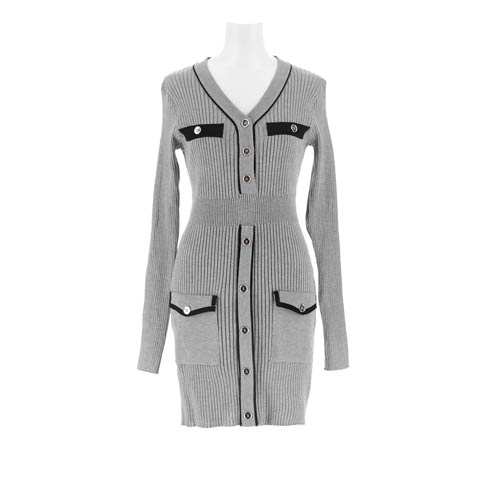 2/20新作!美ボディラインを強調バイカラーVネックポケットモチーフリブニットワンピース[カジュアル/dazzy closet](グレー-FREEサイズ)