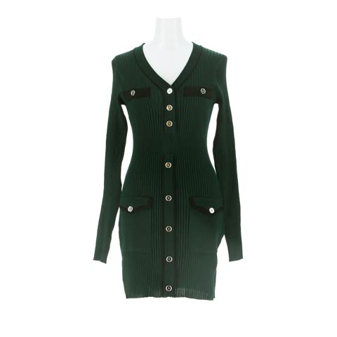 2/20新作!美ボディラインを強調バイカラーVネックポケットモチーフリブニットワンピース[カジュアル/dazzy closet](モスグリーン-FREEサイズ)
