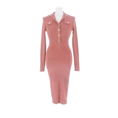 2/9新作!品よく色っぽい縦リブ×ゴールドボタンの襟付き膝丈ワンピース[カジュアル/dazzy closet](ディープピンク-フリーサイズ)