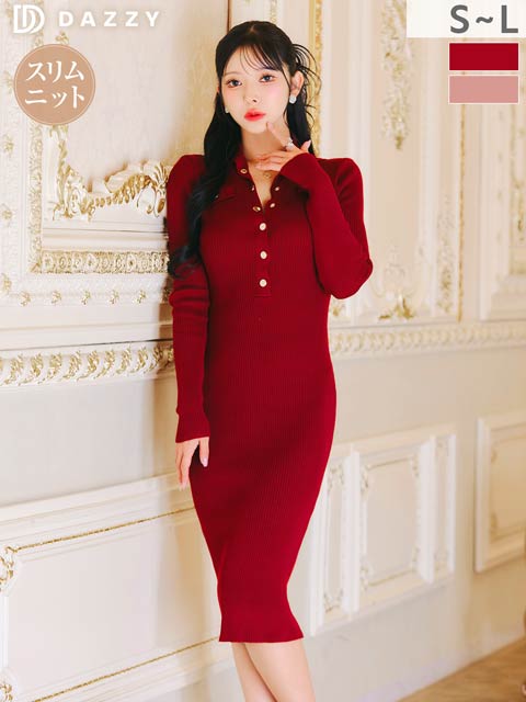 2/9新作!品よく色っぽい縦リブ×ゴールドボタンの襟付き膝丈ワンピース[カジュアル/dazzy closet]