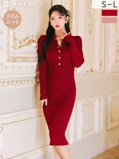 2/9新作!品よく色っぽい縦リブ×ゴールドボタンの襟付き膝丈ワンピース[カジュアル/dazzy closet]