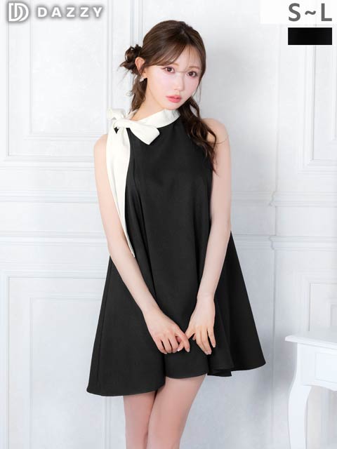 3/23新作!お尻カバー◎クラシカルなバイカラーサイドネックリボンフレアワンピース[カジュアル/dazzy closet][SML/3サイズ展開]