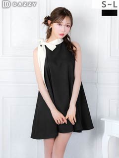 3/23新作!お尻カバー◎クラシカルなバイカラーサイドネックリボンフレアワンピース[カジュアル/dazzy closet][SML/3サイズ展開]
