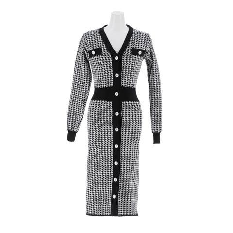 10/29新作!千鳥柄Vネックフロントボタン長袖ニットワンピース[カジュアル/dazzy closet](ブラック-フリーサイズ)