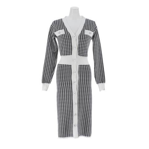 10/29新作!千鳥柄Vネックフロントボタン長袖ニットワンピース[カジュアル/dazzy closet](ホワイト-フリーサイズ)