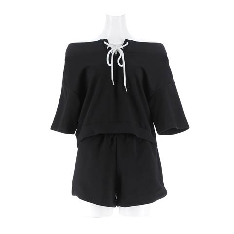 2wayショルダースウェットトップス＆ハーフパンツセットアップ[カジュアル/dazzy closet](ブラック-フリーサイズ)