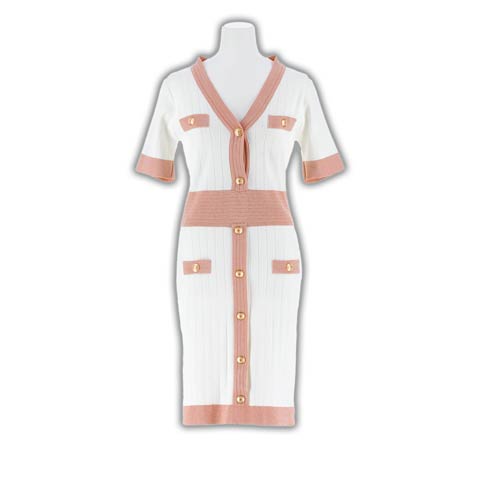 バイカラーフロントリブライン半袖ニットワンピース[カジュアル/dazzy closet](ホワイト-フリーサイズ)