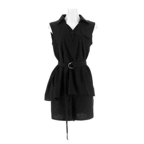 ベルト付きＶネックレイヤードシャツワンピース風セットアップ[カジュアル/dazzy closet][ML/2サイズ展開](ブラック-Mサイズ)