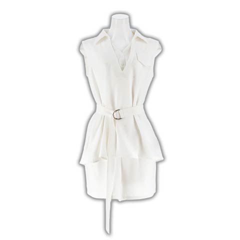 ベルト付きＶネックレイヤードシャツワンピース風セットアップ[カジュアル/dazzy closet][ML/2サイズ展開](ホワイト-Mサイズ)